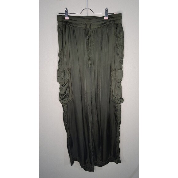 Aerie Olive Green Satin Cargo Pants Size Large | Soft Silky Wide Leg Utility - Picture 1 of 8